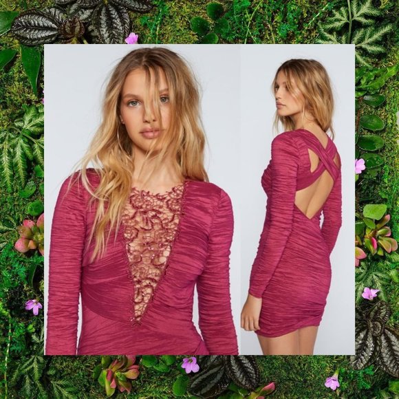 FREE PEOPLE Dress Mini Red Wine Sequin Ruched Lace Boho Open Back Cocktail Smock - Picture 1 of 12